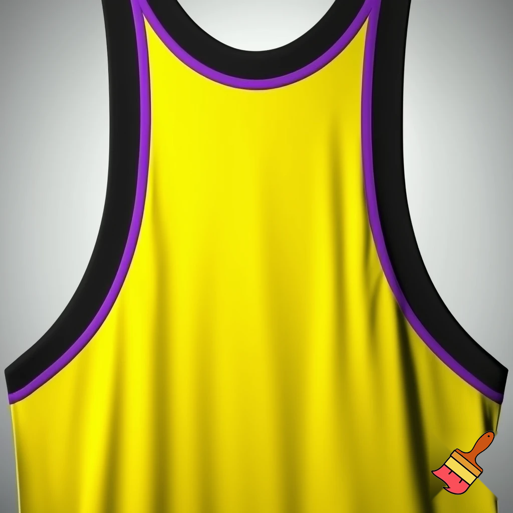 a full view yellow singlet with a black stripe around the edge than a purple one before it 