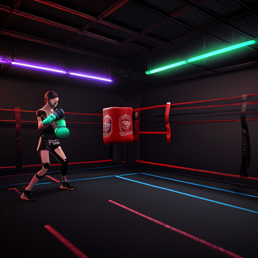 Futuristic AI-powered smart boxing bag, cyberpunk aesthetic, black carbon fiber and kevlar body, glowing 360° holographic LED impact zones, dynamic light pulses reacting to invisible strikes, advanced biomechanical sensor network visible beneath semi-transparent outer layer, floating digital HUD interface projections around the bag, high-tech combat training environment, dark neon gym, blue and red rim lighting, cinematic cyberpunk atmosphere, ultra detailed, hyper realistic, 8k, volumetric lighting, dramatic shadows, concept art, Unreal Engine render
