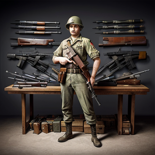 create ad image of a war collectionist full of weapons and kanonen