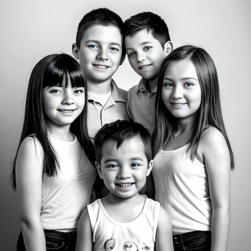 generate a family photo of  6 kids. generate 1 set of triplet boys that are two years old with black hair. generate another set of girl triplets that are 16 with black hair and generate all of them togteher in a family photo