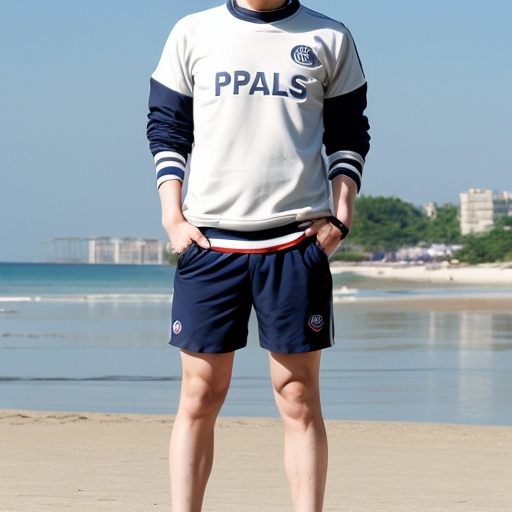 detective conan conan avec un mayo et un short du PSG a la plage