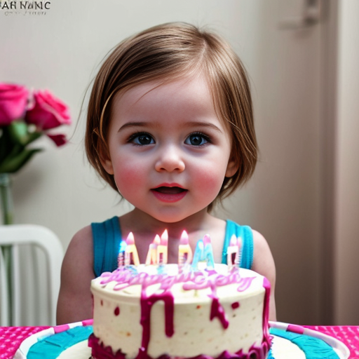 create a 2 year old daughter with blonde hair with blue eyes in pink on her birthday in front of a cake at a house 