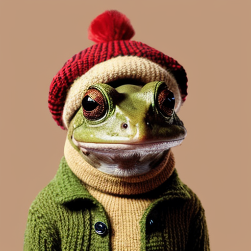 A laughable, puzzled animal toad in woolen, multicoloured winter clothings with woolen, funny winter cap. Hyperrealistic art style.