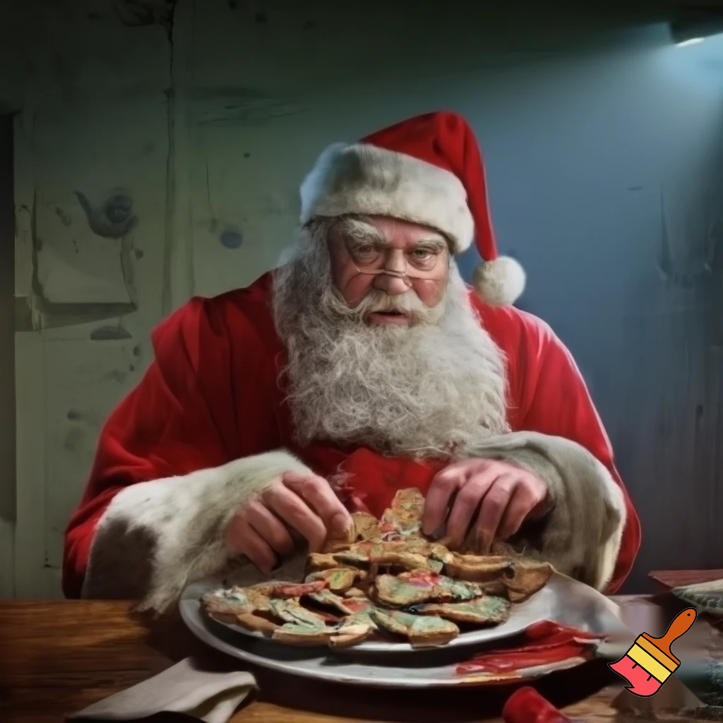 Adolf Hitler dressed as Santa eating Christmas cookies