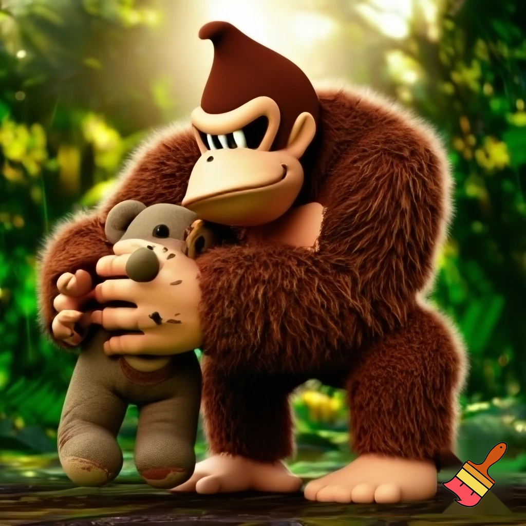 Donkey Kong hugging a teddy bear