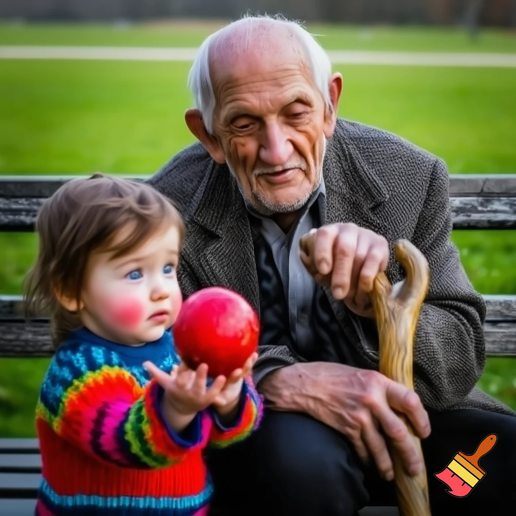 An old man is holding a stick, and a child wants to give him a ball.