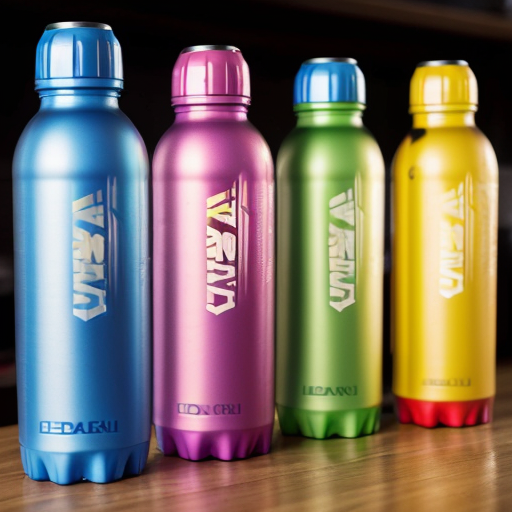 an energy drink bottle for boosterade  the plastic bottle is blue yellow and pink 
