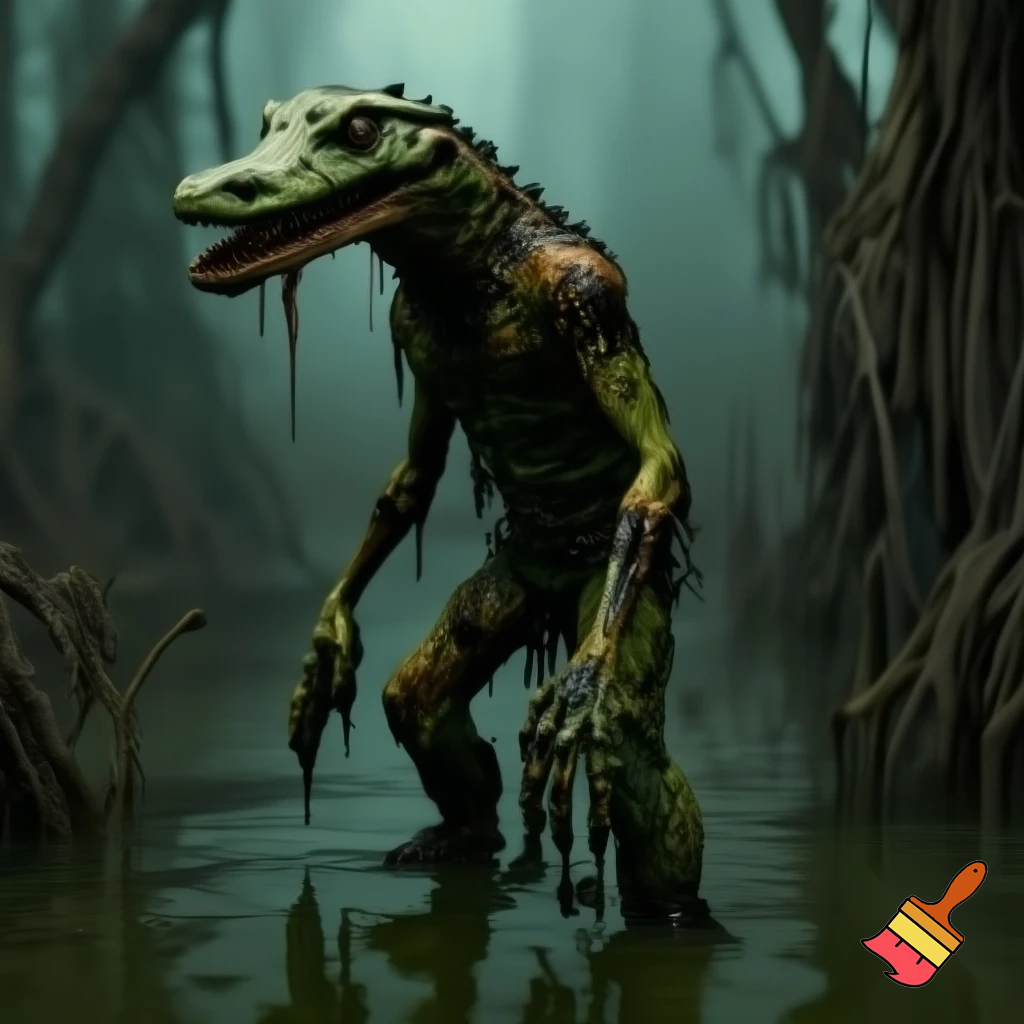A grotesque, rotting, anthromorphic crocodile creature standing upright, its body covered in black goo, melting, and dripping like sludge, exposing its bones. The skin is swampy green, black, and sickly brown, with patches of rot and ooze and entirely made out of gunk. Eyes bulging in horror, jaw hanging loosely, teeth crooked and partially dissolved and has a deformed smile. The creature’s limbs stretch out as goo drips from its claws exposing its skeletal fingers. It's appearance, also zombie-like and deformed. Surround it with an eerie, fog-filled swamp: twisted dead trees, murky water, dim green-gray light, and a haunting atmosphere. Highly detailed, creepy, and surreal. 