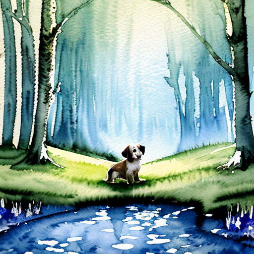 Kouzelná večerní scéna, lesní mýtina v noci, z potoka vychází jasná modrá záře  ze svítícího safíru. V potoce je svítící modrý safír.  Malé hnědé štěně stojí na okraji louky,  sleduje světlo. Magická atmosféra. Pohádkový akvarel.