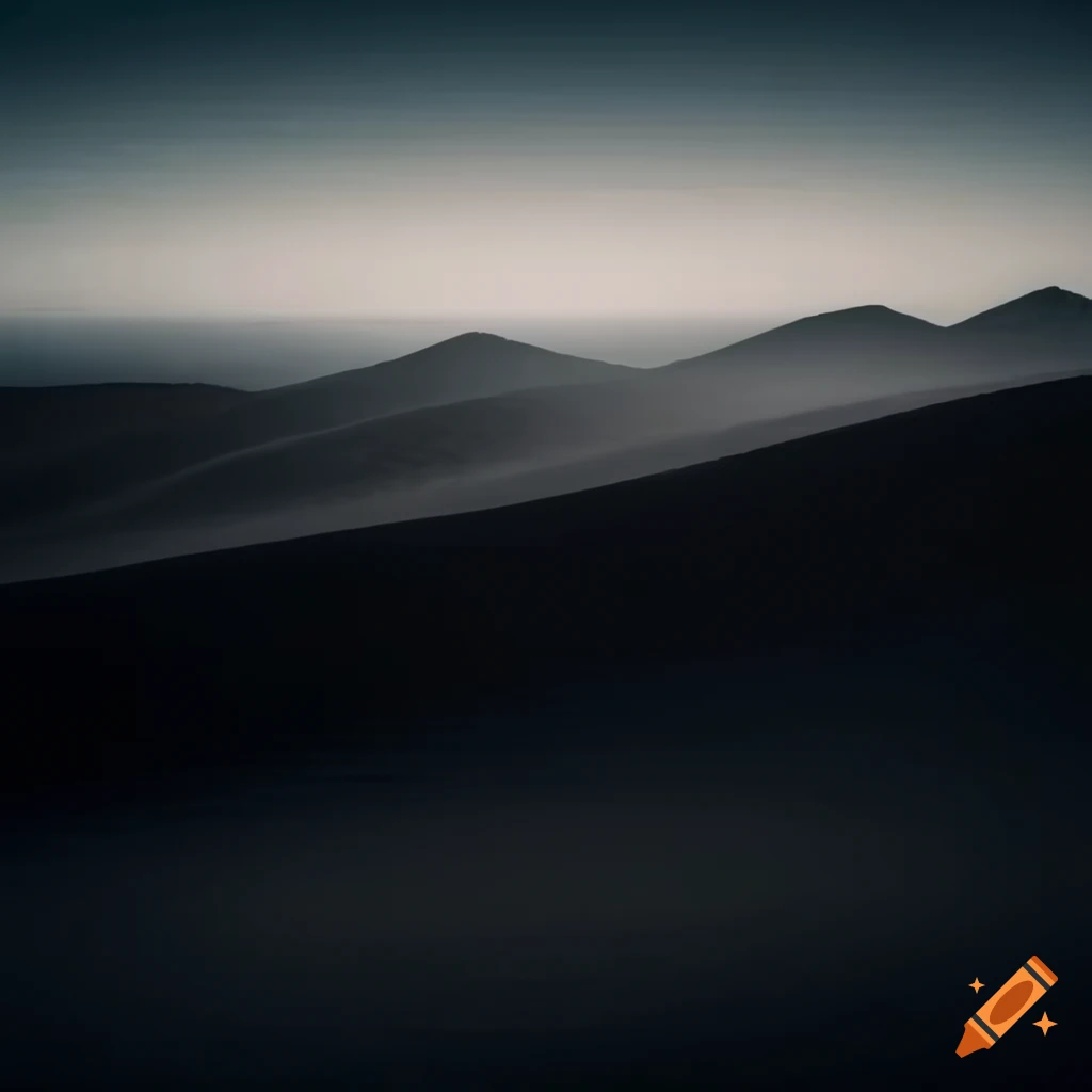 Huge hills located in the middle of a dark desert with white sand