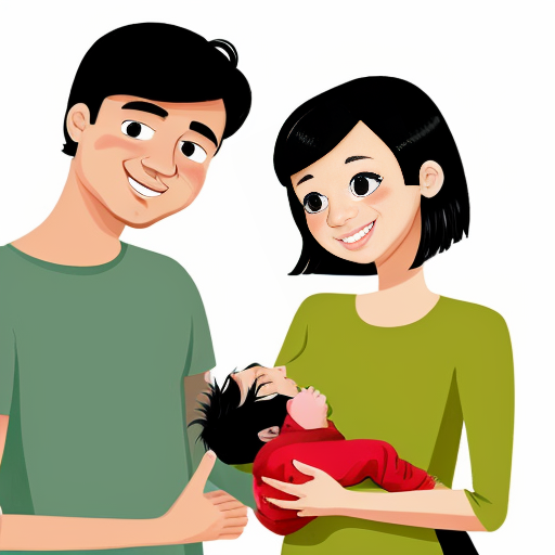 cartoon image of parents holding baby boy with black hair
