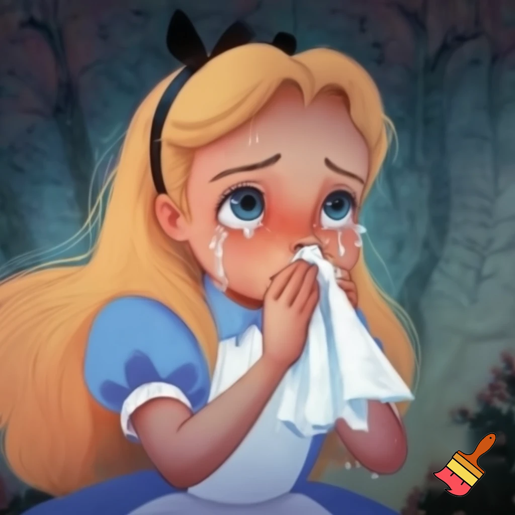 Alice in wonderland 1951 crying into a handkerchief dozens of tears and crying while blowing her nose into her handkerchief