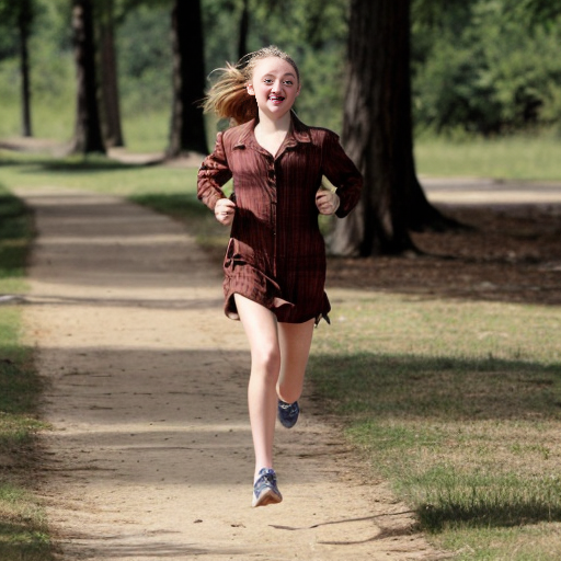 Dakota Fanning, young actress, her dress is torn, she is running through a wood, her breast is exposed, her sister Elle Fanning is running with her