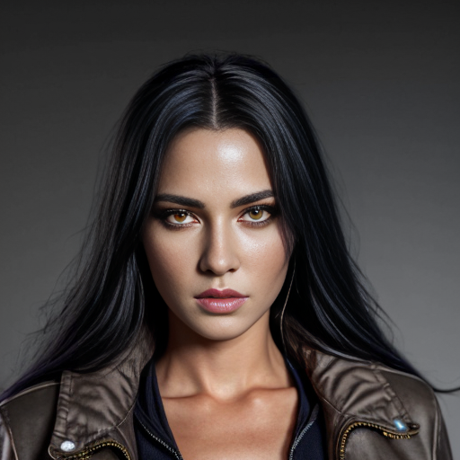 Anthropomorphic female black wolf with long pretty black hair and purple eyes, wearing a brown jacket 