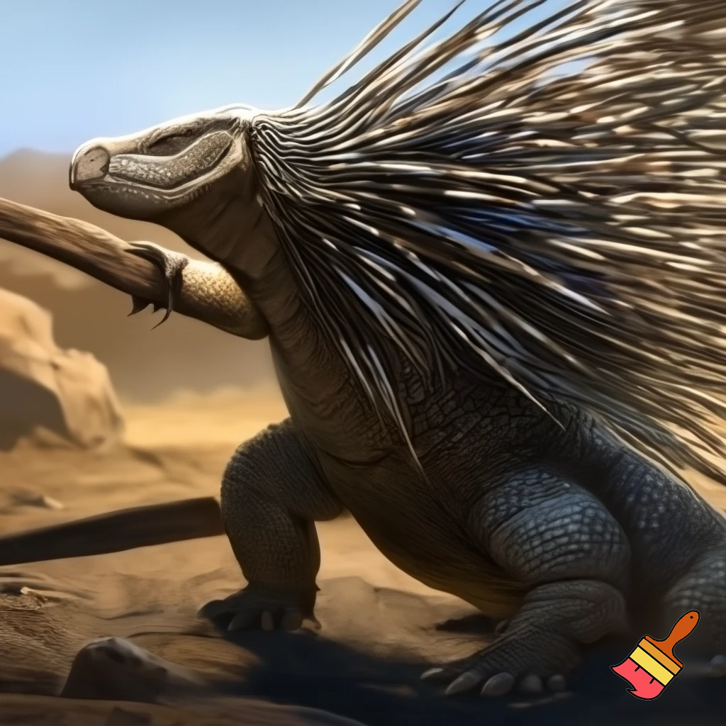 Half porcupine half komodo Dragon kicking swinging a wooden board