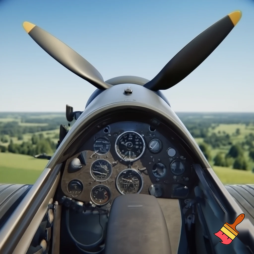 Messerschmitt instrument panel in front of a real messerschmitt bf 109 G6 with 3 propeller blads. Backround summer landscape somewhere europe during ww2