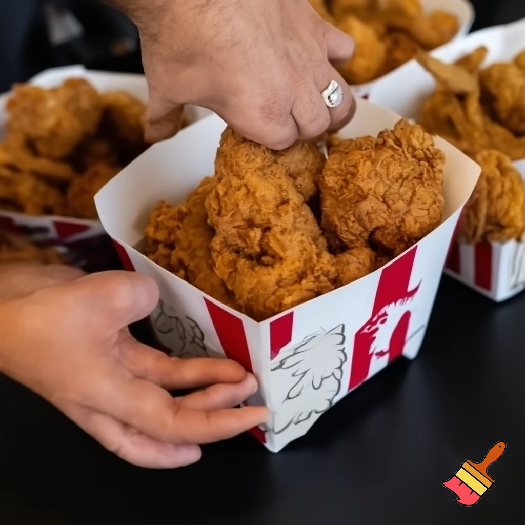 Hazme una grupo de personas en la selva cocinando pollo frito KFC