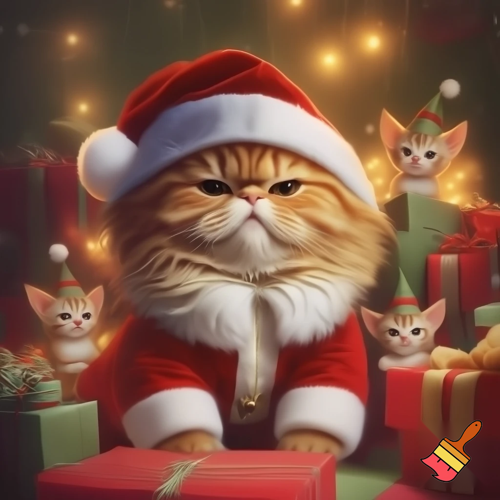 A cat in a Santa Claus costume, elf kittens in the background