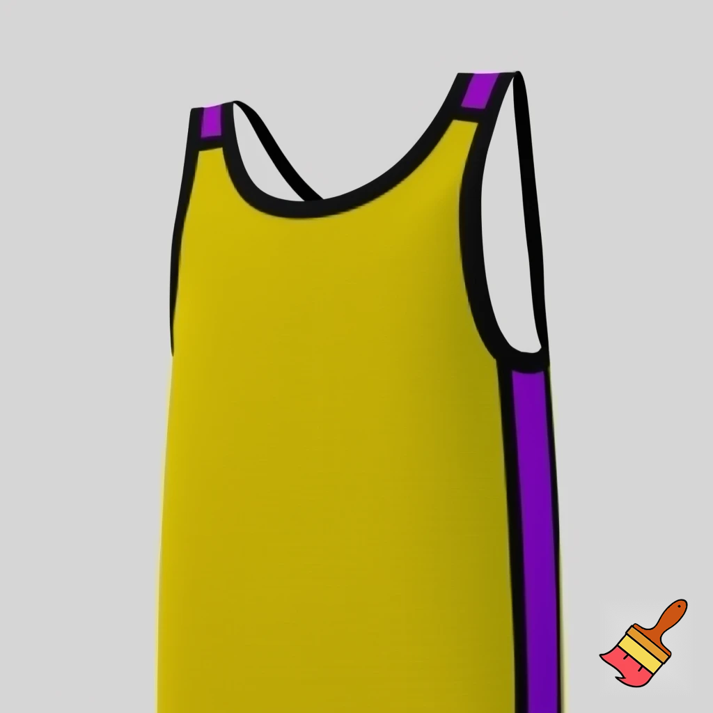 a full view yellow singlet with a black stripe around the edge than a purple one before it 