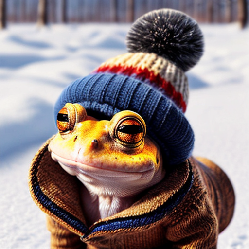A laughable, puzzled animal toad in woolen, multicoloured winter clothings with woolen winter cap. Hyperrealistic art style.