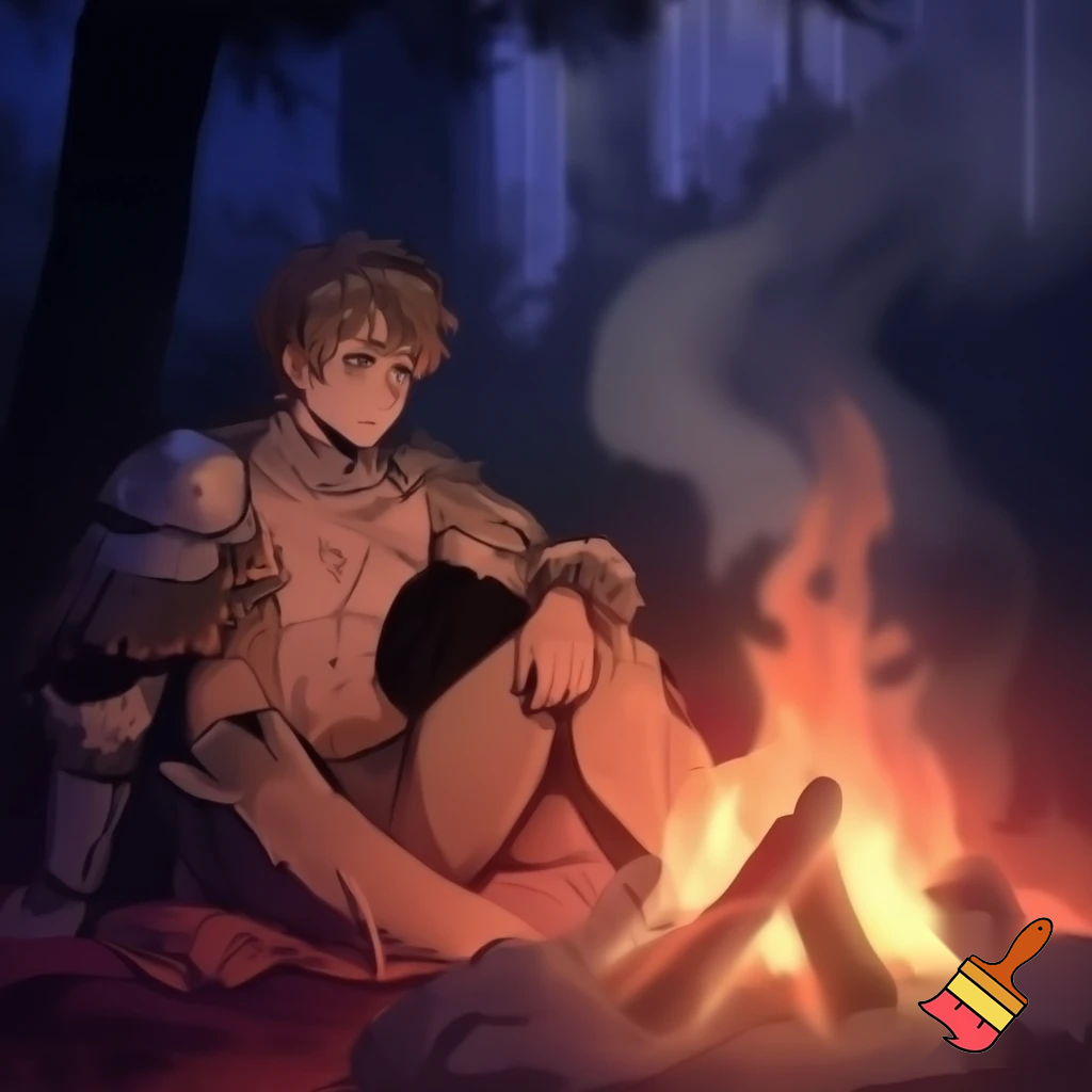 An anime knight with his armour off sitting around a campfire with his shirt off and only his underwear on