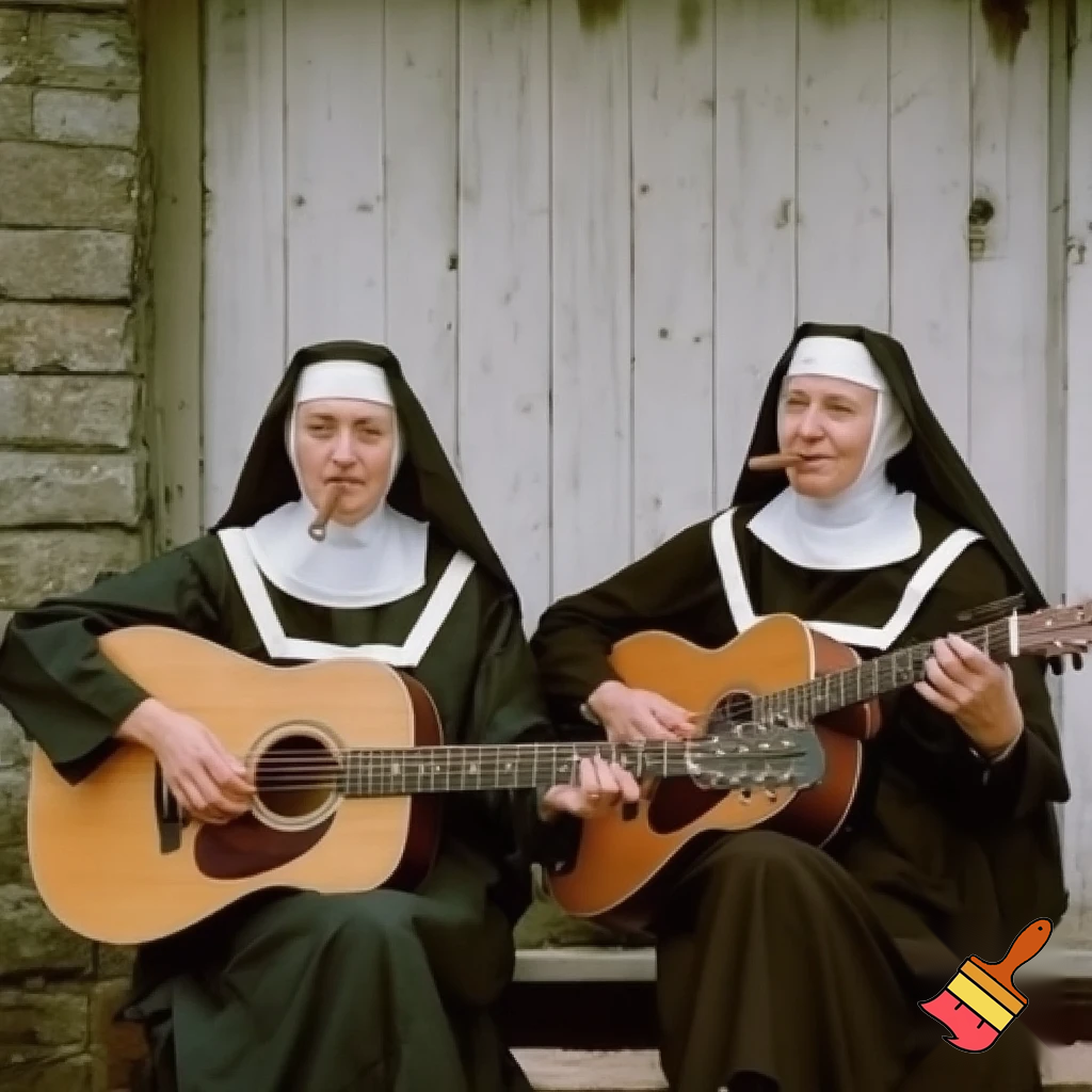 A picture on 2 Nuns smoking cigars called the 'Stogie Sisters'. Its for a duet band playing acoustic guitars.