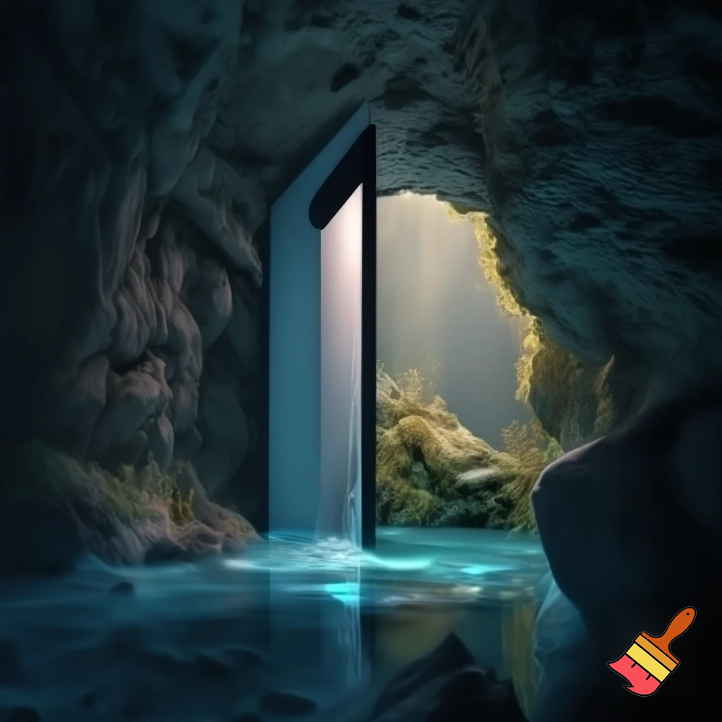 Cave with a glass door With water through