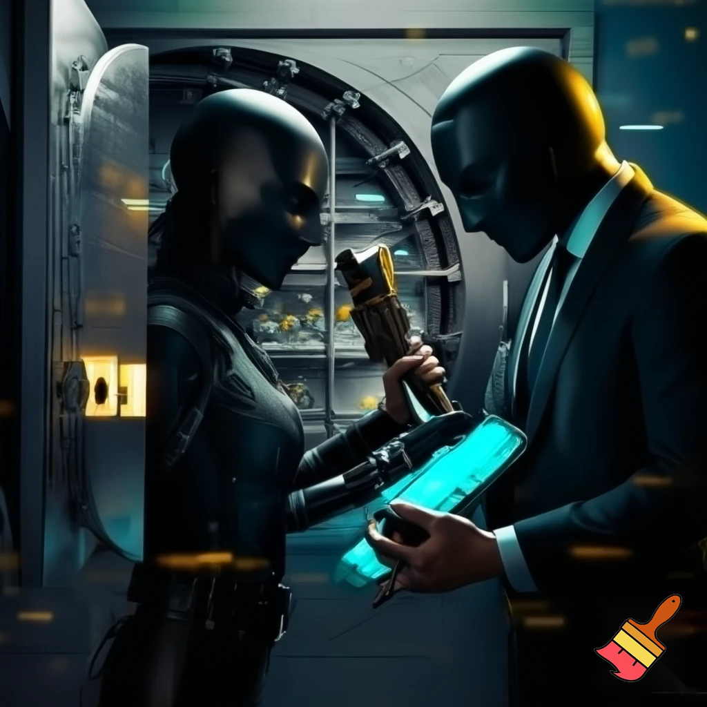 A male and female robbing a bank