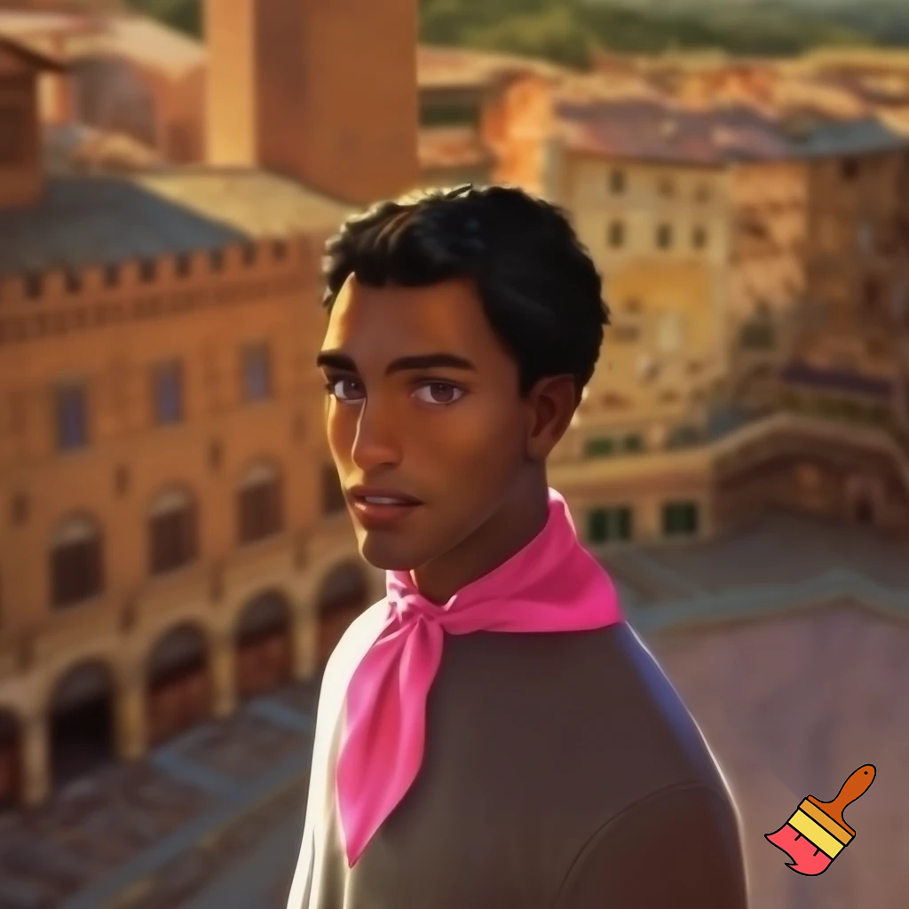 uomo con fazzoletto rosa al collo in piazza del campo a siena