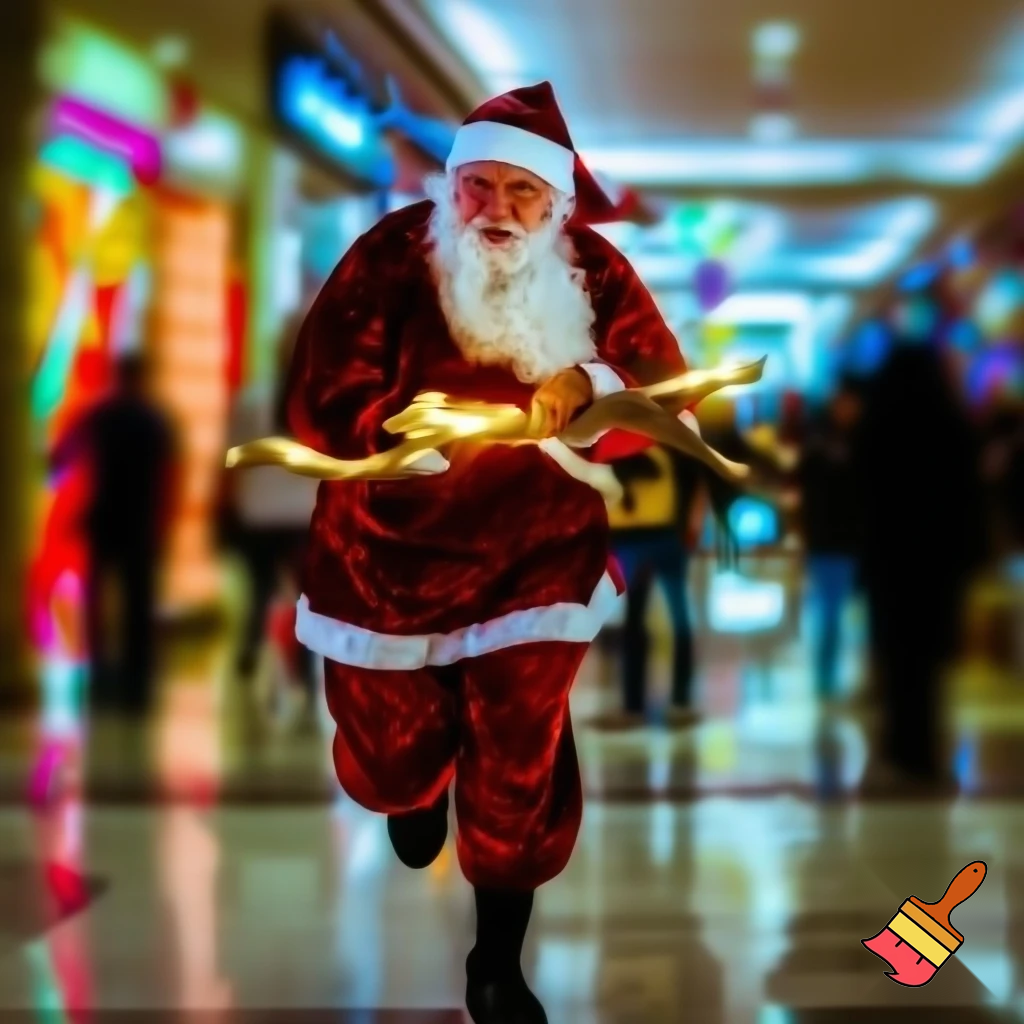 Santa Claus running with the walking stick running with his magic walking stick walking in the shopping centre with the walking stick magic staff walking stick
