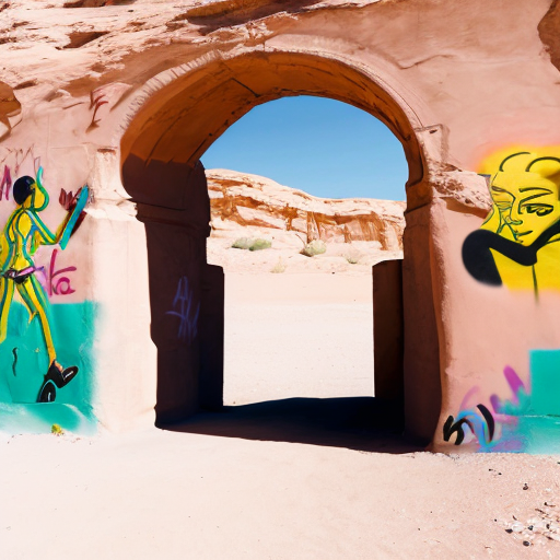 Put Graffiti in a desert arch onsisting of multiple abstract figures in Tanguy and Matisse style