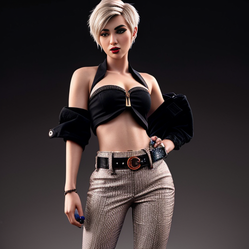 Attractive woman with an ash blonde pixie cut and a slim build wearing bold makeup wearing a cropped jacket, a bandeau top, cigarette pants with a belt and peep toe chunky heels 