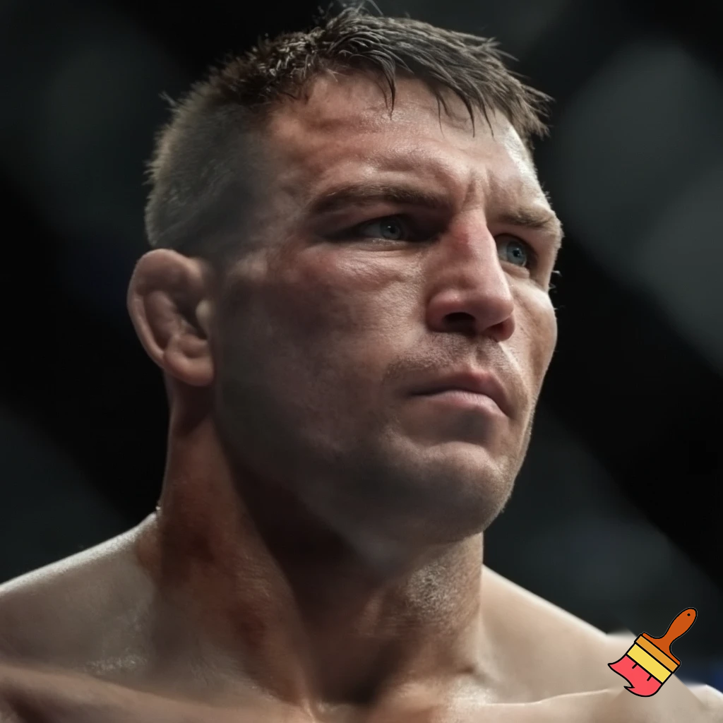 A mixed martial artist who has gone down two weight classes for a fight. His cheeks are sunken and his ribs are visible and his muscles stand out alarmingly. Nonetheless, he stands tall and steady. His eyes are watery blue, his hair is brown and his ears stick out. 