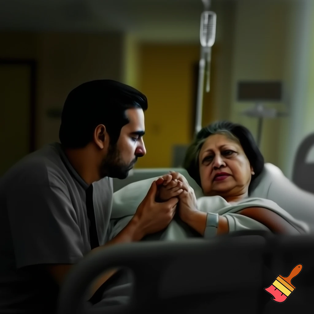 Kannst du ein Bild generieren wie Tarek zia seine Mutter in Krankenhaus besucht während khaleda zia auf dem Bett liegt  