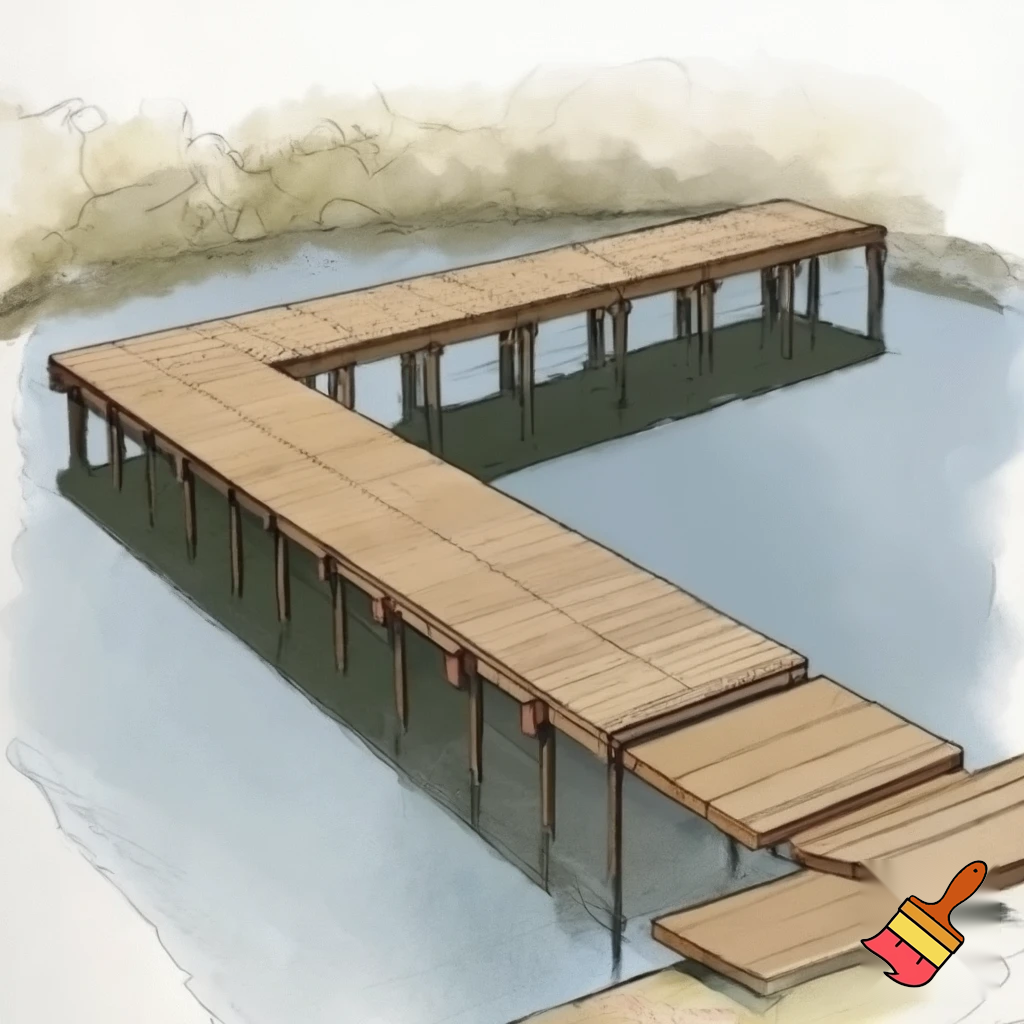 A construction sketch of a dock with 18 pilings and a T shaped end over a small pond for