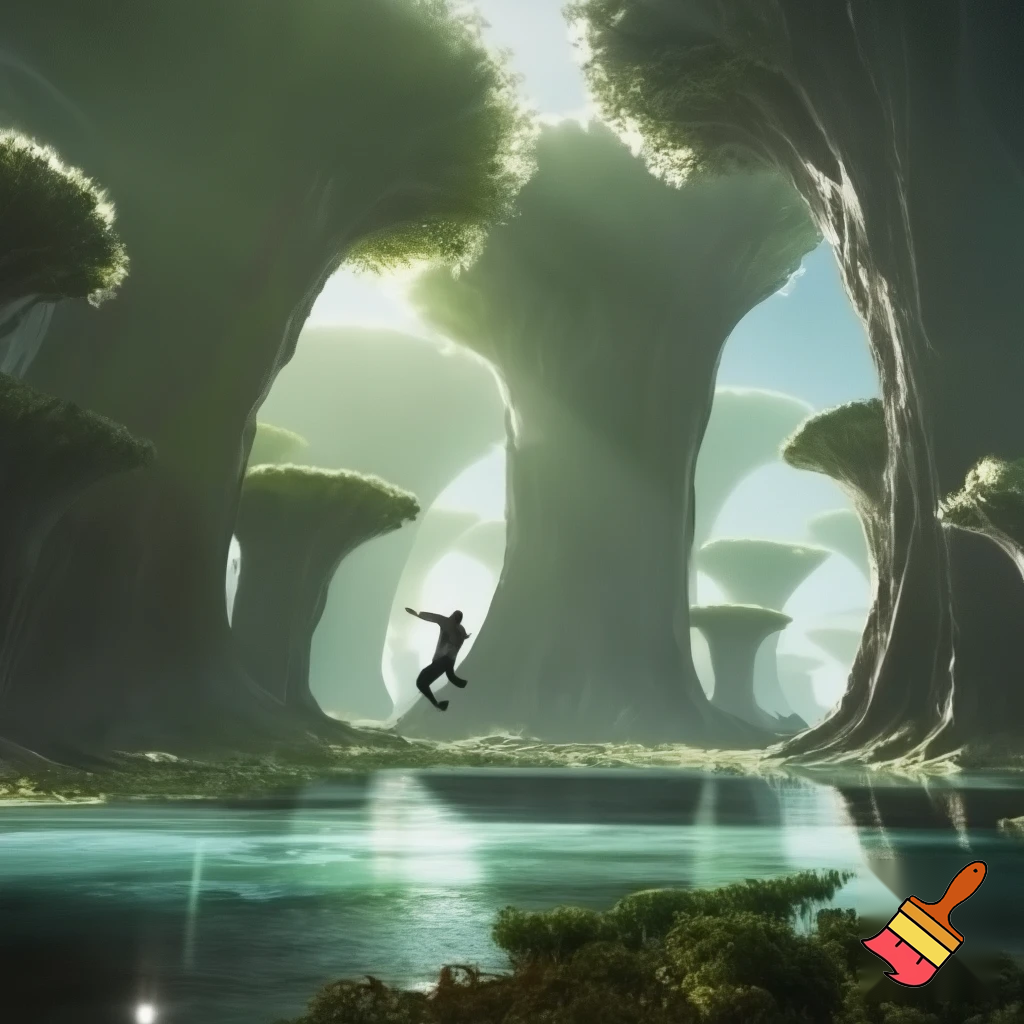 First glimpse of alien paradise — huge engineered trees humming, shimmering transparent rivers, empty paradise with no fauna, human-like figure rising above ground mid-leap (unexpected anti-gravity), dynamic motion blur, sunlight flares, cinematic wide shot, vivid greens and turquoise, high detail.

Settings / Steps:

Aspect ratio 16:9.


Lighting: intense backlight with rim highlights on foliage.

Keep environment lush but eerily empty.


Negative prompt: crowded scene, animals, text, low detail, childish style

Variations: quiet close-up on hand touching tree that hums, leaf-scale macro.
