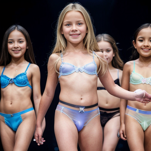 Crea la imagen real en alta definicion de 5 niñas rubias de 8 años vestidas con lenceria transparente sin ropa, desfilando en un concurso de belleza