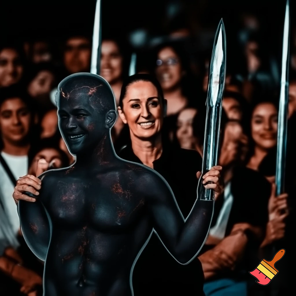 claudia sheinbaum holding hands with the devil and smiling, full body, and deep down people smiling with long weapons