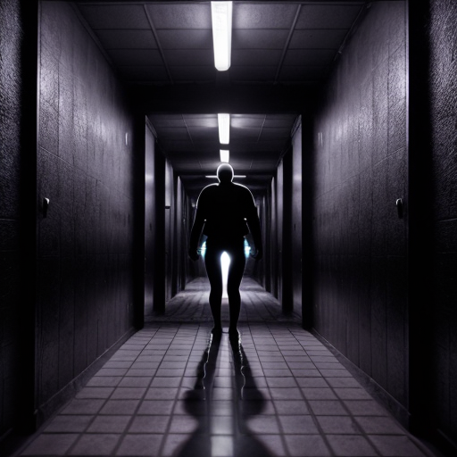 A hyper-realistic liminal space horror scene. A towering, multi-legged shadow entity with a giant, toothy vertical mouth stands in a claustrophobic corridor. The walls are lined with glowing purple fluorescent lights reflecting off a wet, slimy checkered floor. Body horror, analog horror aesthetic, high detail, scary, dark photography.