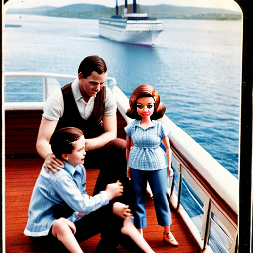 vintage barbie , her husband , children ,and baby on the deck of the titanic