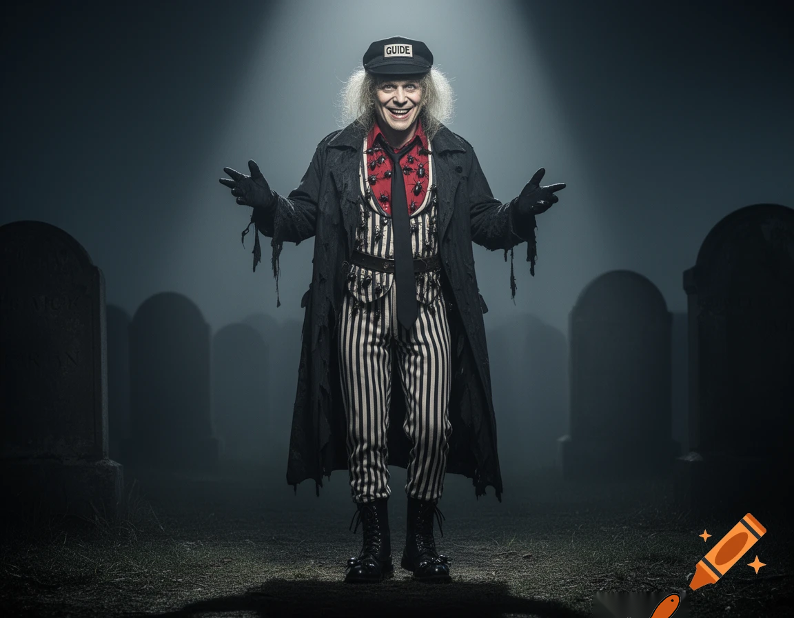 Beetlejuice wearing a dark taxi cap that has "GUIDE" written on the front, a red shirt covered with beetles, a black tie, a waistcoat with vertical black-&-white stripes, a long dark dirty torn Trench Coat, long black fingerless gloves, a black belt, pants with vertical black-&-white stripes, a pair of black Combat-style Beatle boots, standing in a graveyard, under a spotlight, with his arms outstretched.