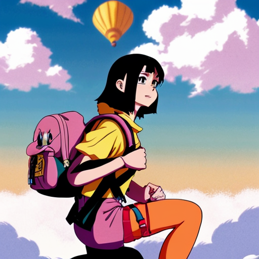 Little Dora purple backpack pink t-shirt orange sex short pants yellow socks white sneakers on a sitting big Cloud ride flying in the Sky the 1990s/early the 2000s mario