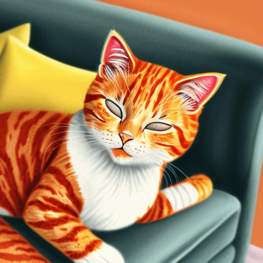 A fluffy orange cat sleeping on a sofa, peaceful expression, warm cosy colours in cartoon style