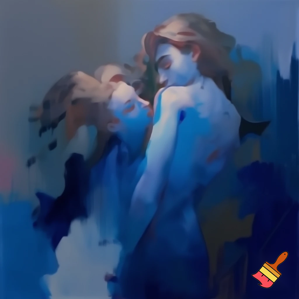 oil painting romantic couple man and woman with a long hair love blue and grey modern abstract
