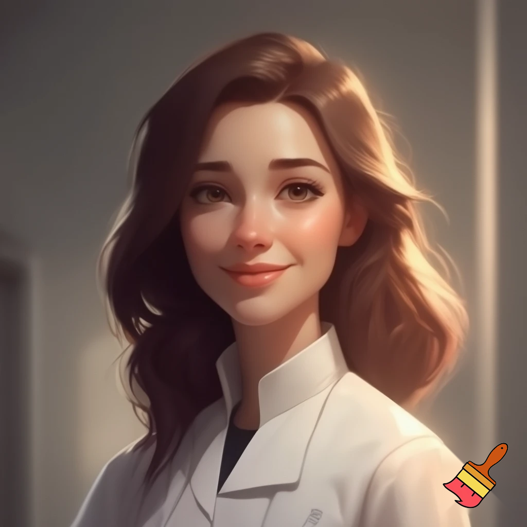 a nurse with white skin brown long hair smiling 