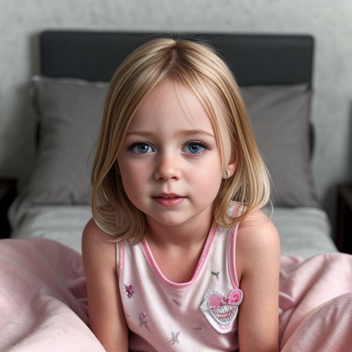german little girl, blonde hair, nightdress, bedroom background