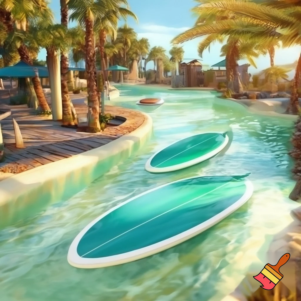 Create a realistic, theme park water ride and the boats in shapes of teal and white surfboards with a Malibu beach vibe. Also, add a path