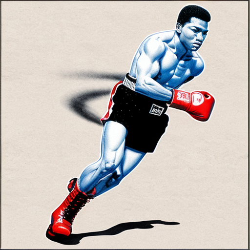 Editorial illustration in the style of official Unmatched board game card art, dynamic comic book style, rough pencil sketch texture, limited muted color palette with bold red accents only on the boxing boots, intense halftone shading -- A stylized low-angle shot focused entirely on the legs and feet of Muhammad Ali performing his iconic Ali Shuffle, one solid fully detailed pair of legs planted on the left wearing bright red boxing boots with white laces, knees slightly bent, feet dancing on the toes, and to the right a second semi-transparent ghostly afterimage pair of the same legs in faded red boots blurring and merging into the solid pair, multiple faint motion streaks connecting the two sets of legs showing the rapid back-and-forth shuffling movement, the ghost legs mid-step blurring rightward into the solid legs on the left, boxing ring canvas floor texture below with subtle scuff marks, white background above, cel-shaded ink drawing, graphic novel cover feel, impossible footwork speed frozen in time --ar 2:3 --stylize 250 --niji 6