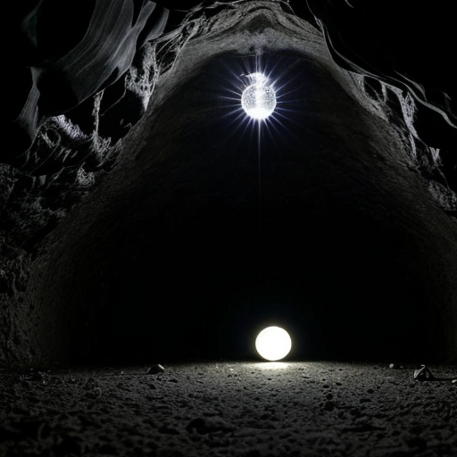 Eine dunkle Höhle und in der Höhle ist eine Kugel die leuchtet mit grünem Licht die Kugel ist rot und blau und glänzt und sie hat kleine sehr kleine schwarze und weiße Punkte 
