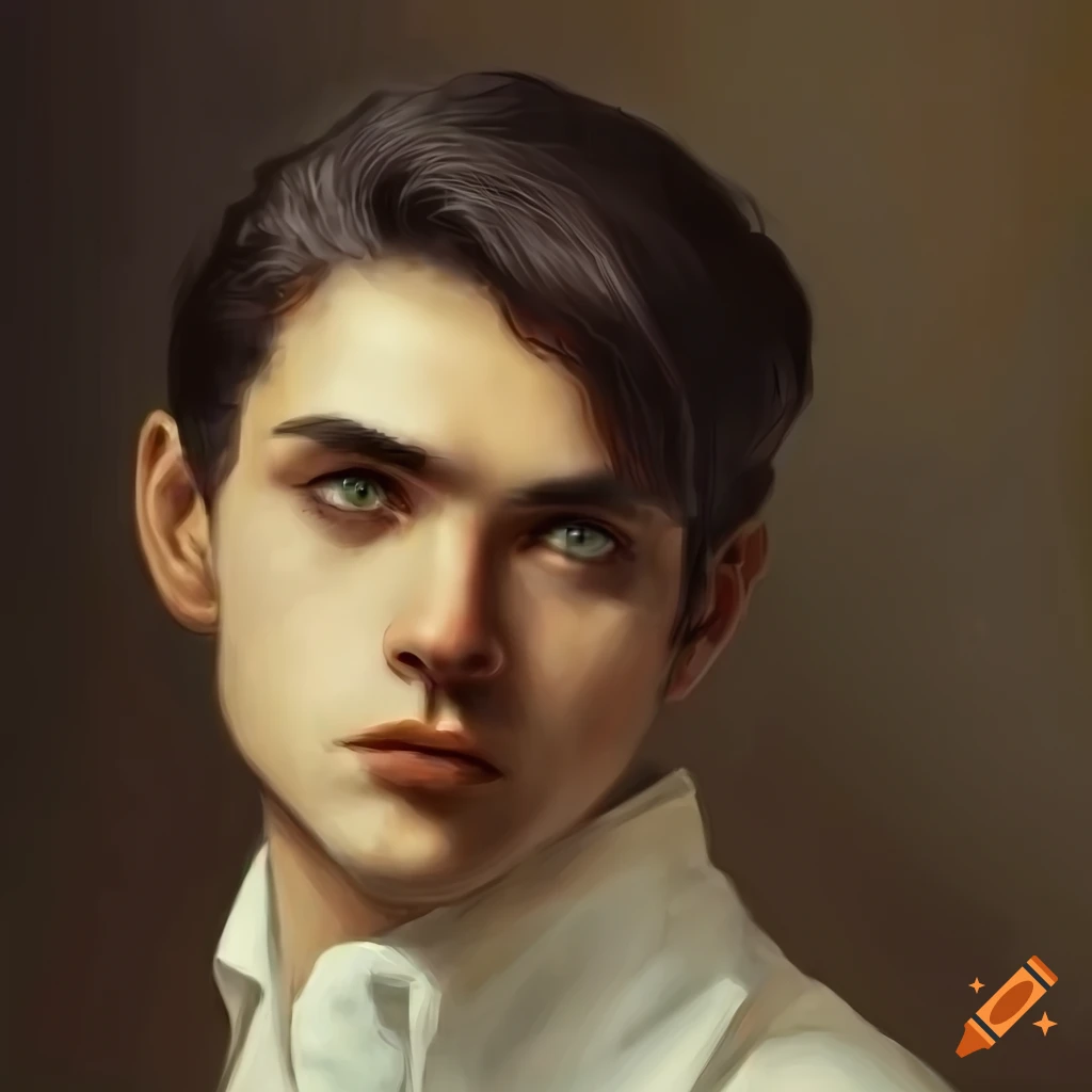handsome man with dark brown hair, focused green eyes, high cheekbones, oval shaped face, long nose, dressed in long sleeve white button down and suspenders, vintage painting, natural light